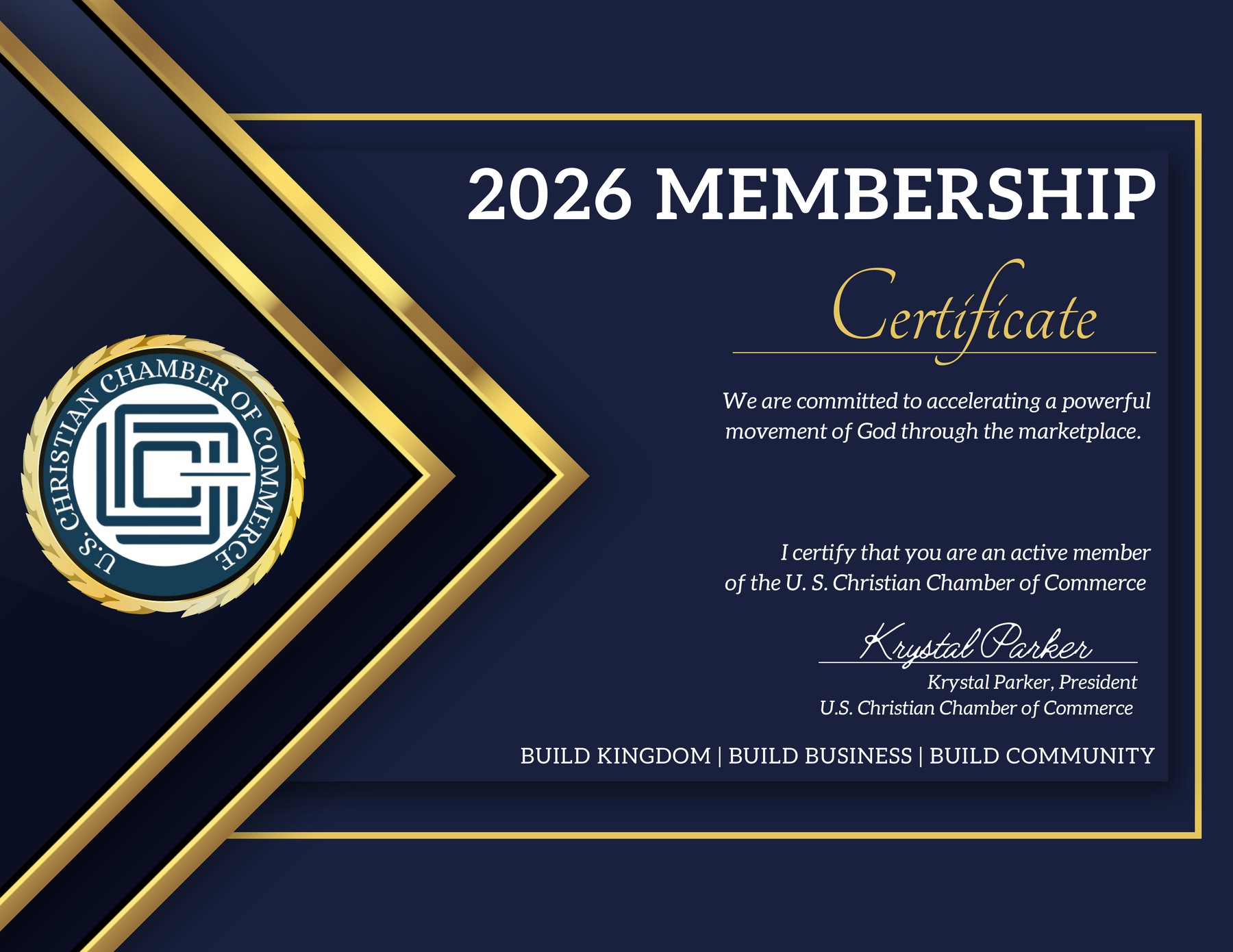 Founding Member certificate — U.S. Christian Chamber of Commerce
